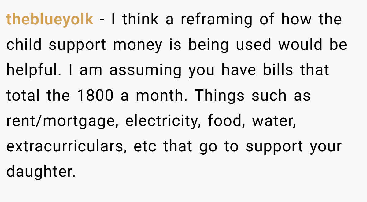 theblueyolk − I think a reframing of how the child support money is being used would be helpful. I am assuming you have bills that total the 1800 a month. Things such as rent/mortgage, electricity, food, water, extracurriculars, etc that go to support your daughter.