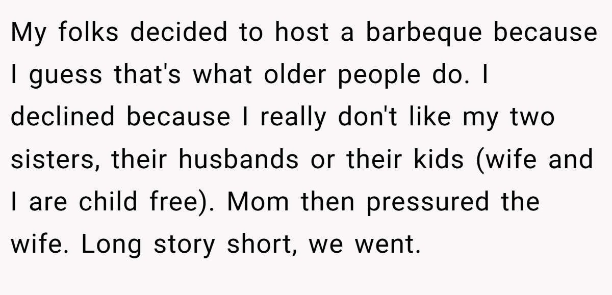 My folks decided to host a barbeque because I guess that's what older people do. I declined because I really don't like my two sisters, their husbands or their kids (wife and I are child free). Mom then pressured the wife. Long story short, we went.