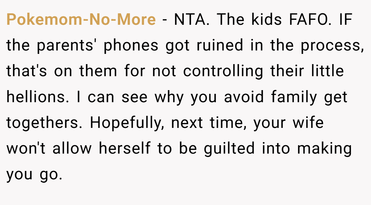Pokemom-No-More - NTA. The kids FAFO. IF the parents' phones got ruined in the process, that's on them for not controlling their little hellions. I can see why you avoid family get togethers. Hopefully, next time, your wife won't allow herself to be guilted into making you go.
