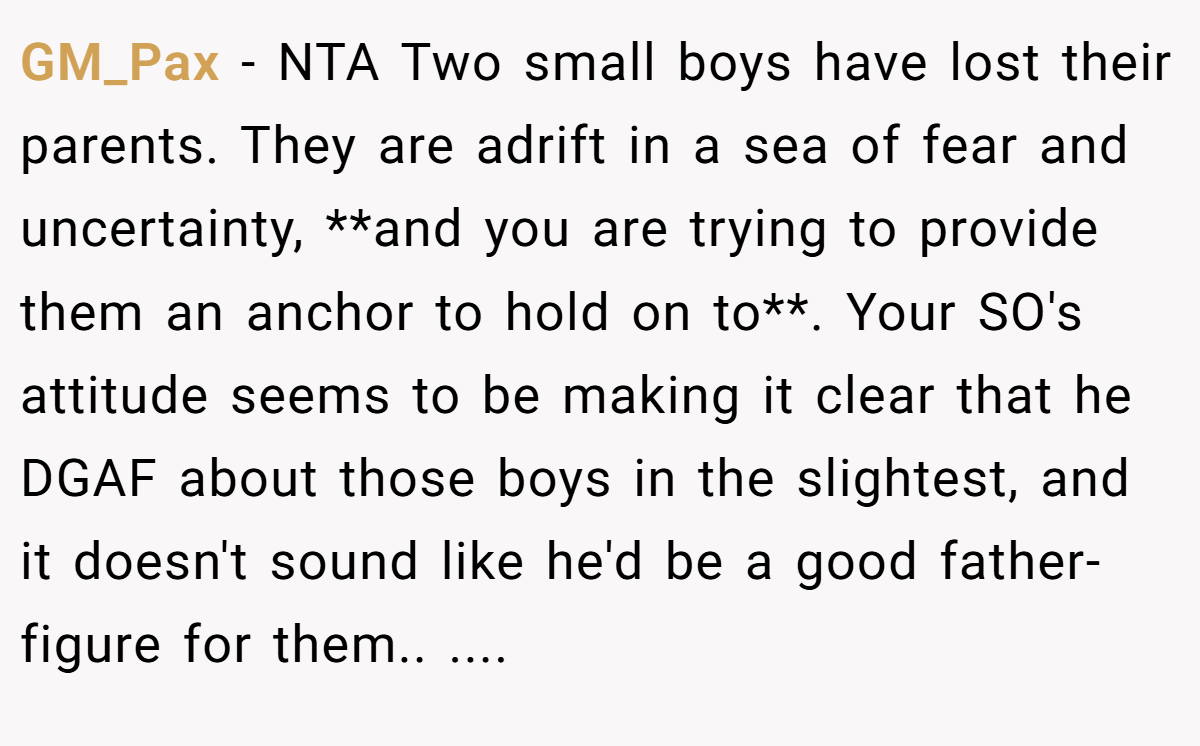 GM_Pax − NTA Two small boys have lost their parents. They are adrift in a sea of fear and uncertainty, **and you are trying to provide them an anchor to hold on to**. Your SO's attitude seems to be making it clear that he DGAF about those boys in the slightest, and it doesn't sound like he'd be a good father-figure for them.. ....