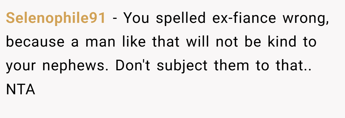 Selenophile91 − You spelled ex-fiance wrong, because a man like that will not be kind to your nephews. Don't subject them to that.. NTA