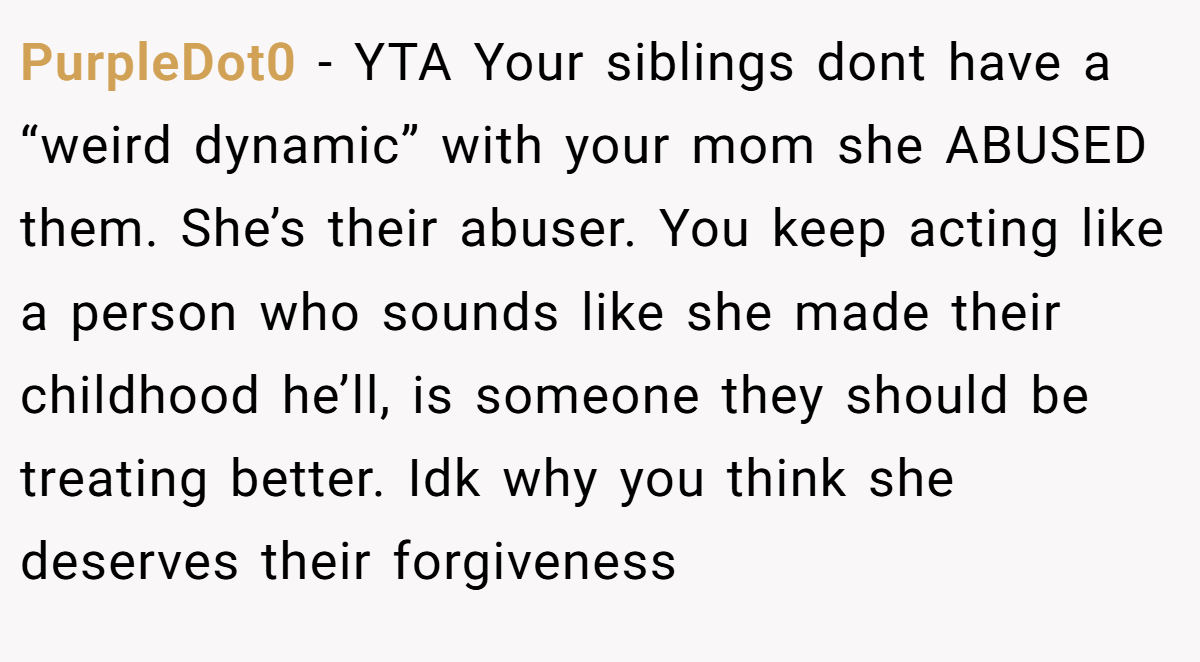 PurpleDot0 − YTA Your siblings dont have a “weird dynamic” with your mom she ABUSED them. She’s their abuser. You keep acting like a person who sounds like she made their childhood he’ll, is someone they should be treating better. Idk why you think she deserves their forgiveness