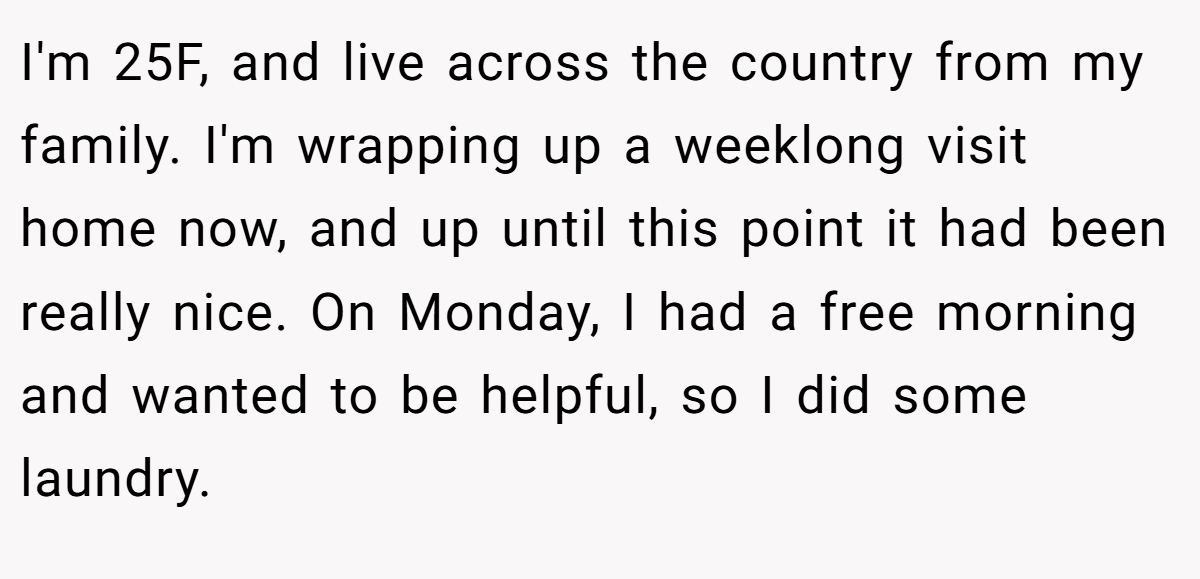 I'm 25F, and live across the country from my family. I'm wrapping up a weeklong visit home now, and up until this point it had been really nice. On Monday, I had a free morning and wanted to be helpful, so I did some laundry.