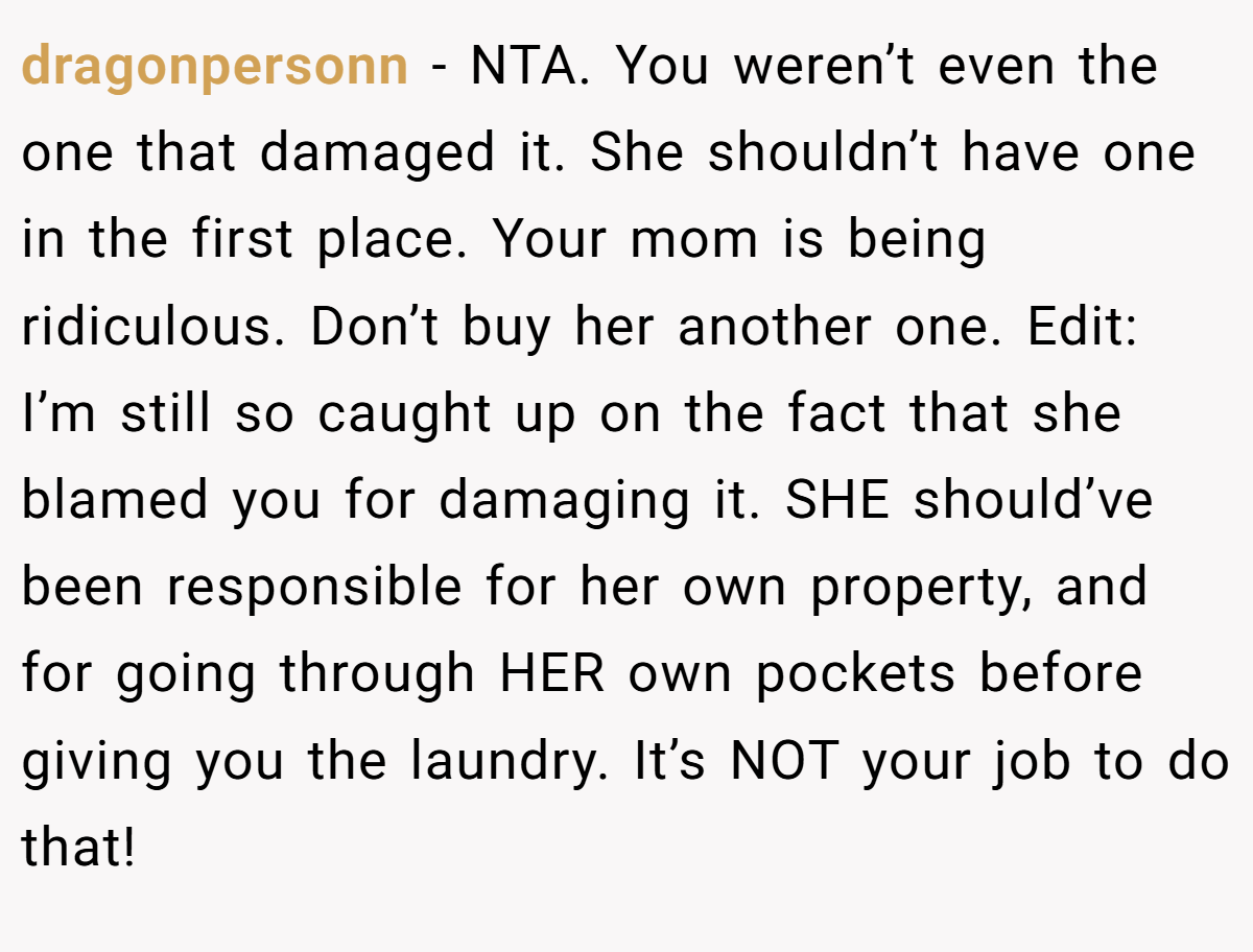 dragonpersonn - NTA. You weren’t even the one that damaged it. She shouldn’t have one in the first place. Your mom is being ridiculous. Don’t buy her another one. Edit: I’m still so caught up on the fact that she blamed you for damaging it. SHE should’ve been responsible for her own property, and for going through HER own pockets before giving you the laundry. It’s NOT your job to do that!