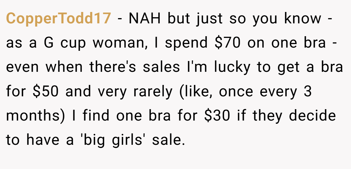 CopperTodd17 − NAH but just so you know - as a G cup woman, I spend $70 on one bra - even when there's sales I'm lucky to get a bra for $50 and very rarely (like, once every 3 months) I find one bra for $30 if they decide to have a 'big girls' sale.