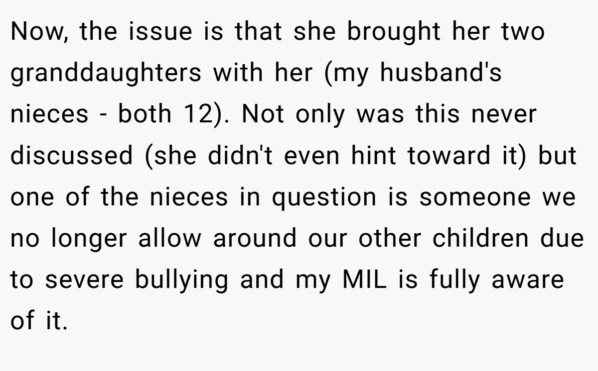 Now, the issue is that she brought her two granddaughters with her (my husband's nieces - both 12). Not only was this never discussed (she didn't even hint toward it) but one of the nieces in question is someone we no longer allow around our other children due to severe bullying and my MIL is fully aware of it.