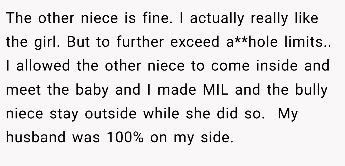 The other niece is fine. I actually really like the girl. But to further exceed a**hole limits.. I allowed the other niece to come inside and meet the baby and I made MIL and the bully niece stay outside while she did so.  My husband was 100% on my side.