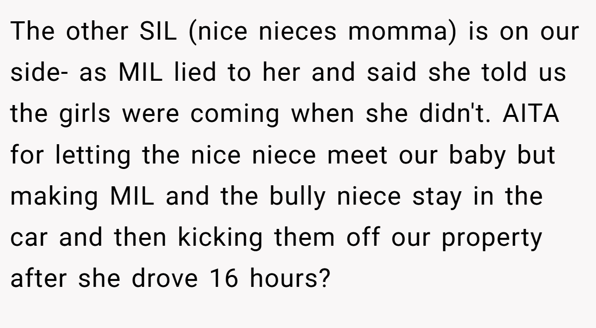 The other SIL (nice nieces momma) is on our side- as MIL lied to her and said she told us the girls were coming when she didn't. AITA for letting the nice niece meet our baby but making MIL and the bully niece stay in the car and then kicking them off our property after she drove 16 hours?