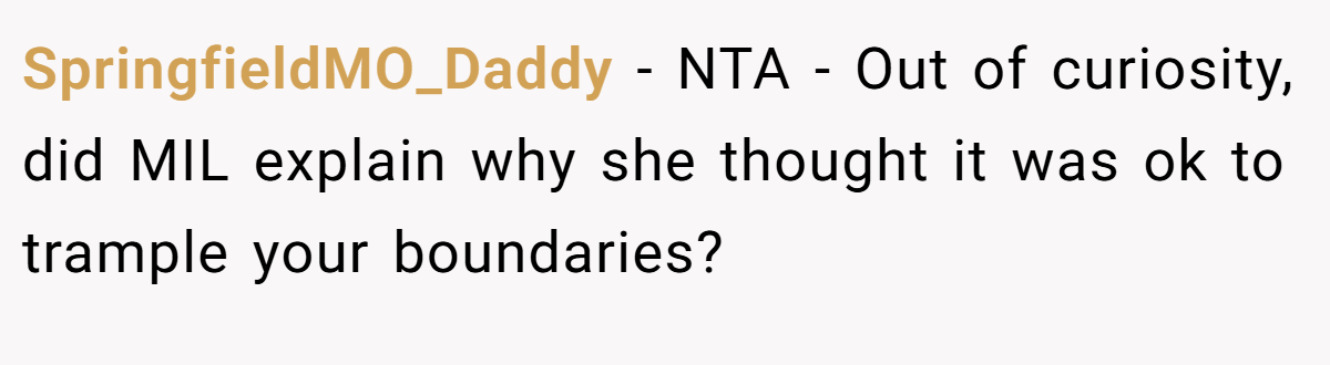 SpringfieldMO_Daddy - NTA - Out of curiosity, did MIL explain why she thought it was ok to trample your boundaries?