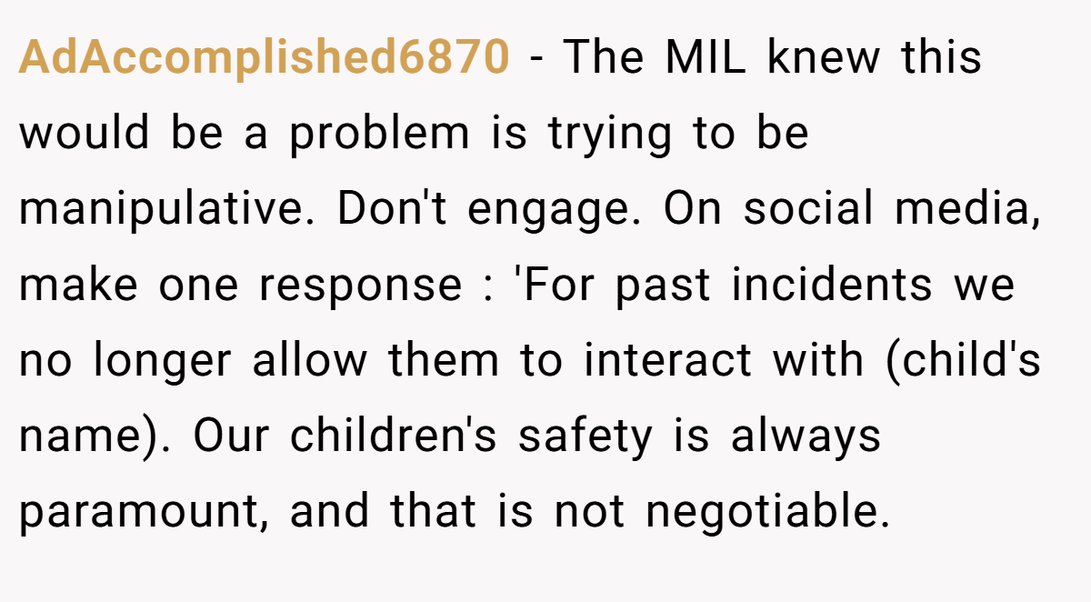 AdAccomplished6870 - The MIL knew this would be a problem is trying to be manipulative. Don't engage. On social media, make one response : 'For past incidents we no longer allow them to interact with (child's name). Our children's safety is always paramount, and that is not negotiable.