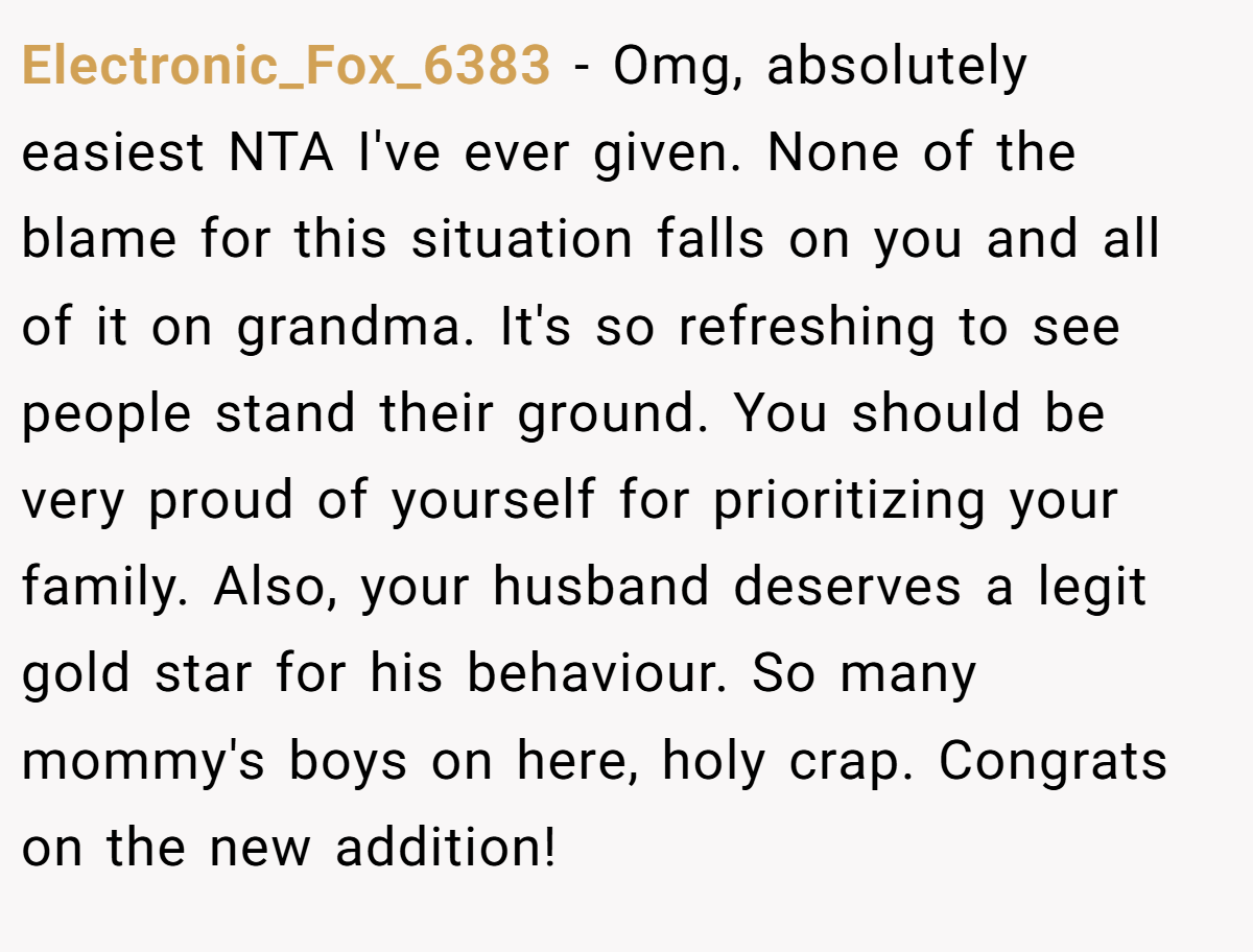Electronic_Fox_6383 - Omg, absolutely easiest NTA I've ever given. None of the blame for this situation falls on you and all of it on grandma. It's so refreshing to see people stand their ground. You should be very proud of yourself for prioritizing your family. Also, your husband deserves a legit gold star for his behaviour. So many mommy's boys on here, holy crap. Congrats on the new addition!