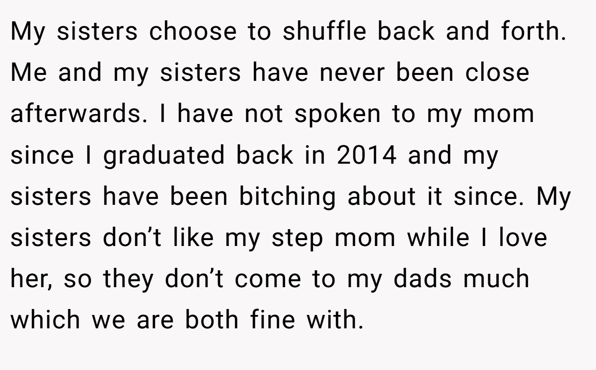 My sisters choose to shuffle back and forth. Me and my sisters have never been close afterwards. I have not spoken to my mom since I graduated back in 2014 and my sisters have been bitching about it since. My sisters don’t like my step mom while I love her, so they don’t come to my dads much which we are both fine with.