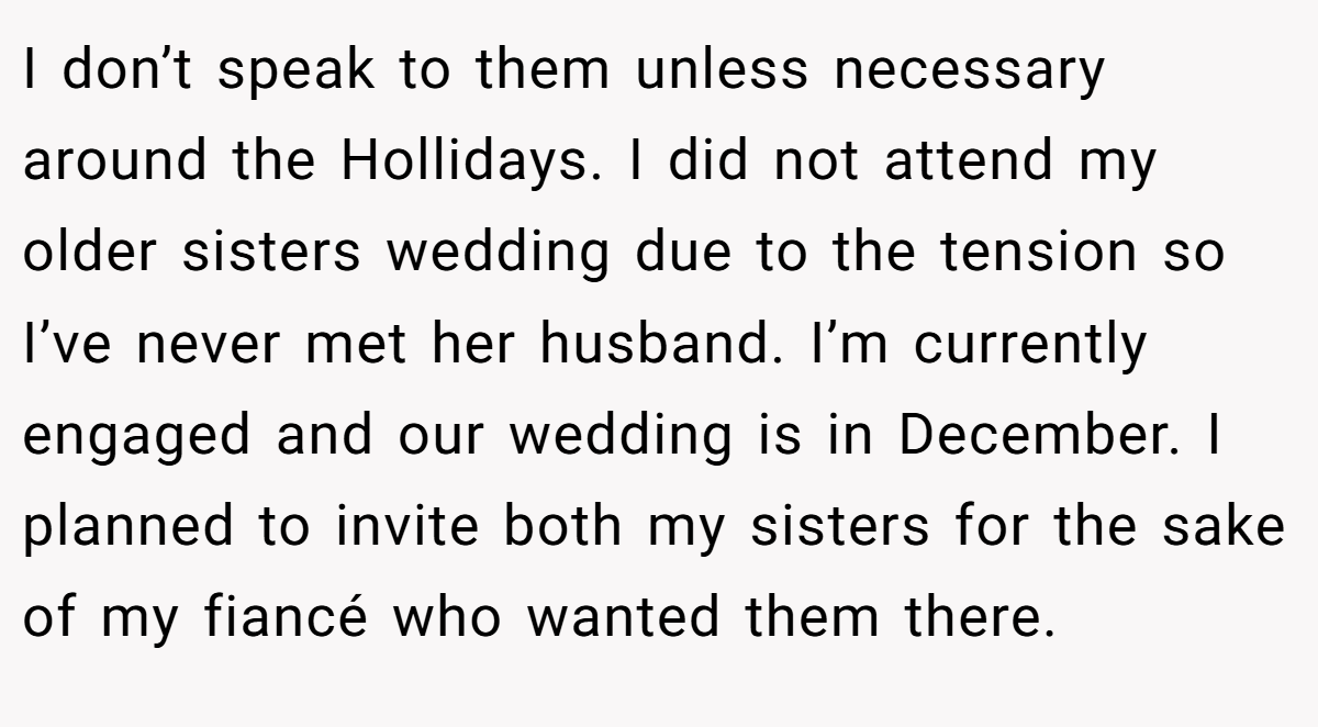 I don’t speak to them unless necessary around the Hollidays. I did not attend my older sisters wedding due to the tension so I’ve never met her husband. I’m currently engaged and our wedding is in December. I planned to invite both my sisters for the sake of my fiancé who wanted them there.