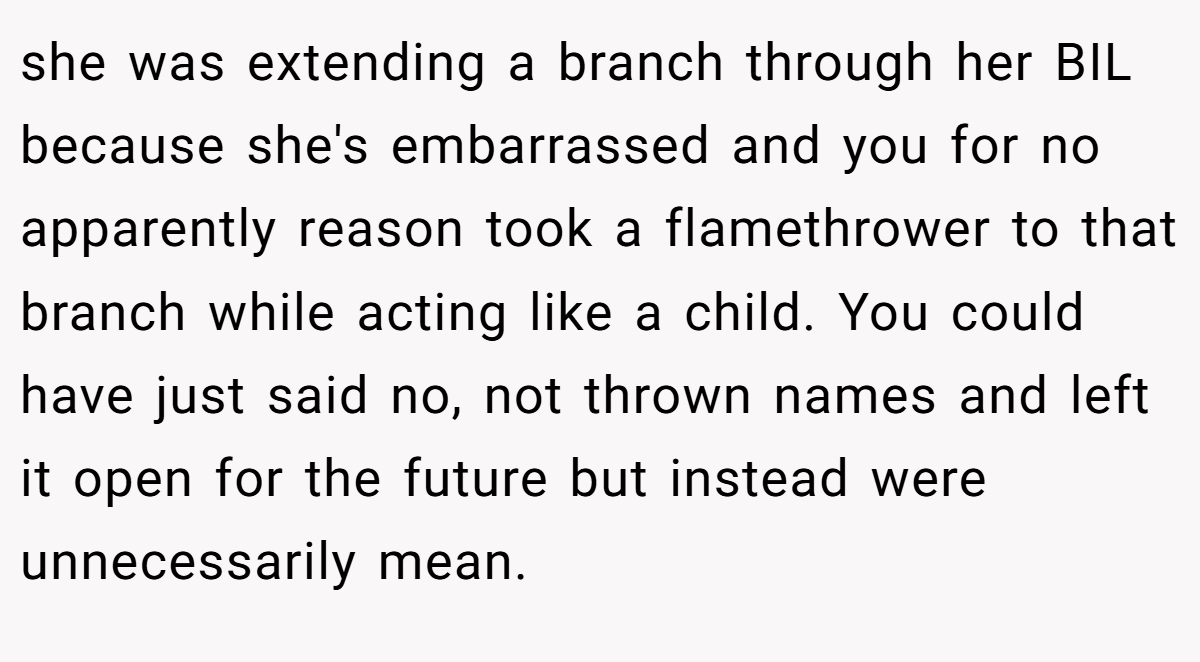 she was extending a branch through her BIL because she's embarrassed and you for no apparently reason took a flamethrower to that branch while acting like a child. You could have just said no, not thrown names and left it open for the future but instead were unnecessarily mean.