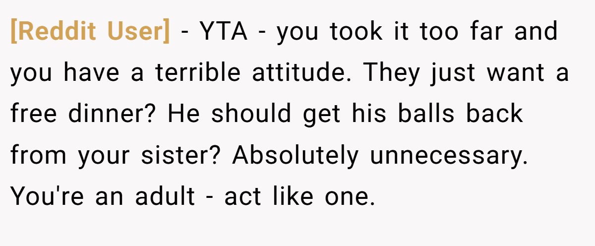 [Reddit User] − YTA - you took it too far and you have a terrible attitude. They just want a free dinner? He should get his balls back from your sister? Absolutely unnecessary. You're an adult - act like one.