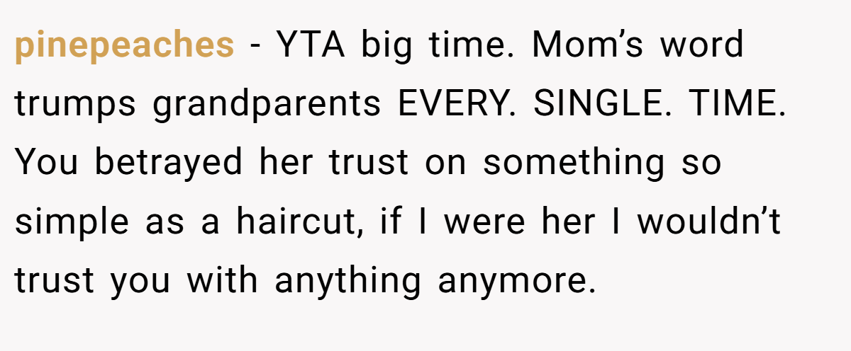 pinepeaches − YTA big time. Mom’s word trumps grandparents EVERY. SINGLE. TIME. You betrayed her trust on something so simple as a haircut, if I were her I wouldn’t trust you with anything anymore.