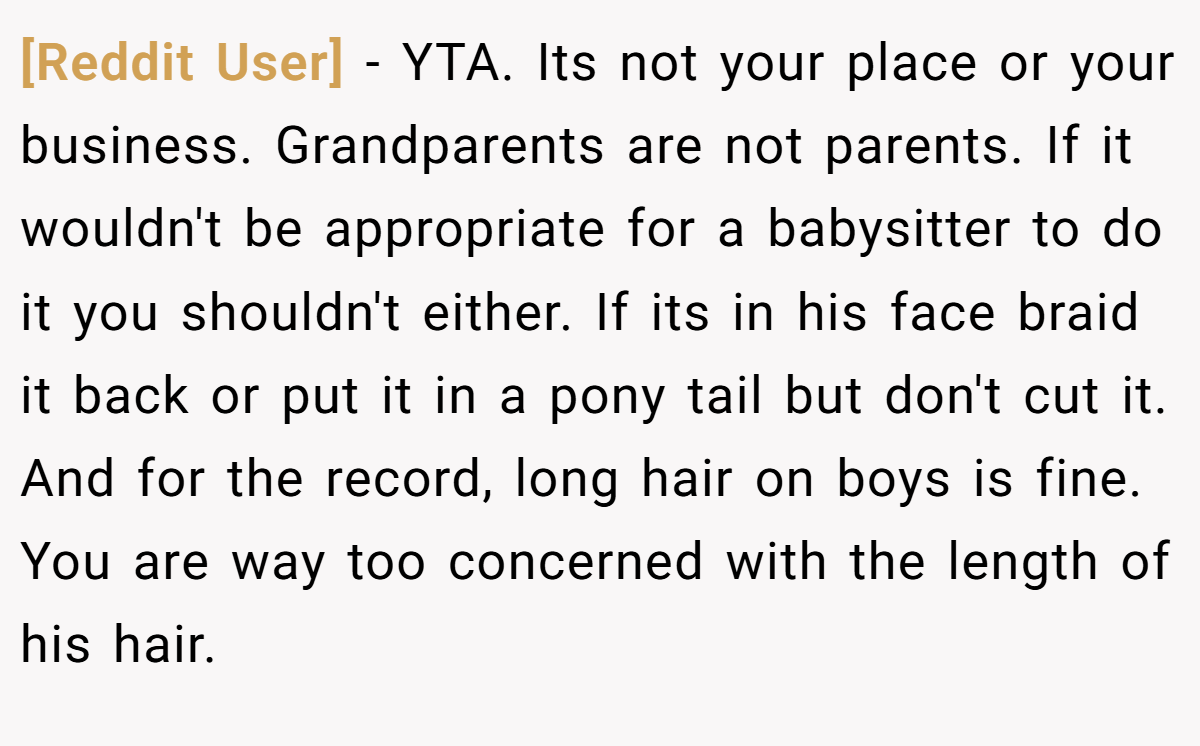 [Reddit User] − YTA. Its not your place or your business. Grandparents are not parents. If it wouldn't be appropriate for a babysitter to do it you shouldn't either. If its in his face braid it back or put it in a pony tail but don't cut it. And for the record, long hair on boys is fine. You are way too concerned with the length of his hair.