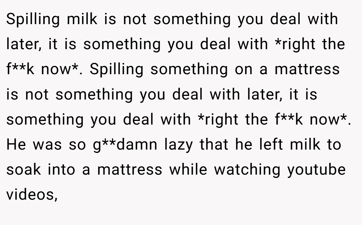 Spilling milk is not something you deal with later, it is something you deal with *right the f**k now*. Spilling something on a mattress is not something you deal with later, it is something you deal with *right the f**k now*. He was so g**damn lazy that he left milk to soak into a mattress while watching youtube videos,