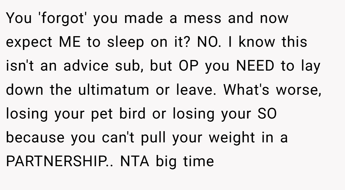You 'forgot' you made a mess and now expect ME to sleep on it? NO. I know this isn't an advice sub, but OP you NEED to lay down the ultimatum or leave. What's worse, losing your pet bird or losing your SO because you can't pull your weight in a PARTNERSHIP.. NTA big time