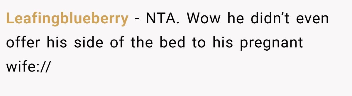 Leafingblueberry − NTA. Wow he didn’t even offer his side of the bed to his pregnant wife://