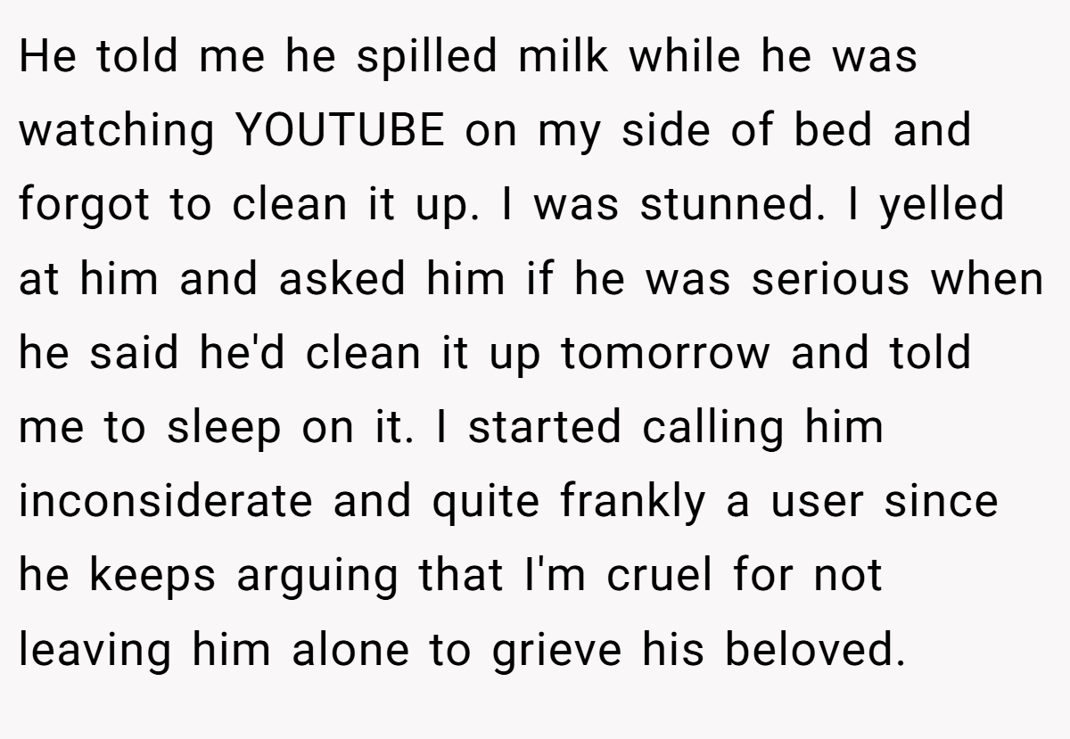 He told me he spilled milk while he was watching YOUTUBE on my side of bed and forgot to clean it up. I was stunned. I yelled at him and asked him if he was serious when he said he'd clean it up tomorrow and told me to sleep on it. I started calling him inconsiderate and quite frankly a user since he keeps arguing that I'm cruel for not leaving him alone to grieve his beloved.