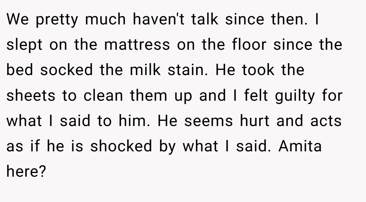 We pretty much haven't talk since then. I slept on the mattress on the floor since the bed socked the milk stain. He took the sheets to clean them up and I felt guilty for what I said to him. He seems hurt and acts as if he is shocked by what I said. Amita here?