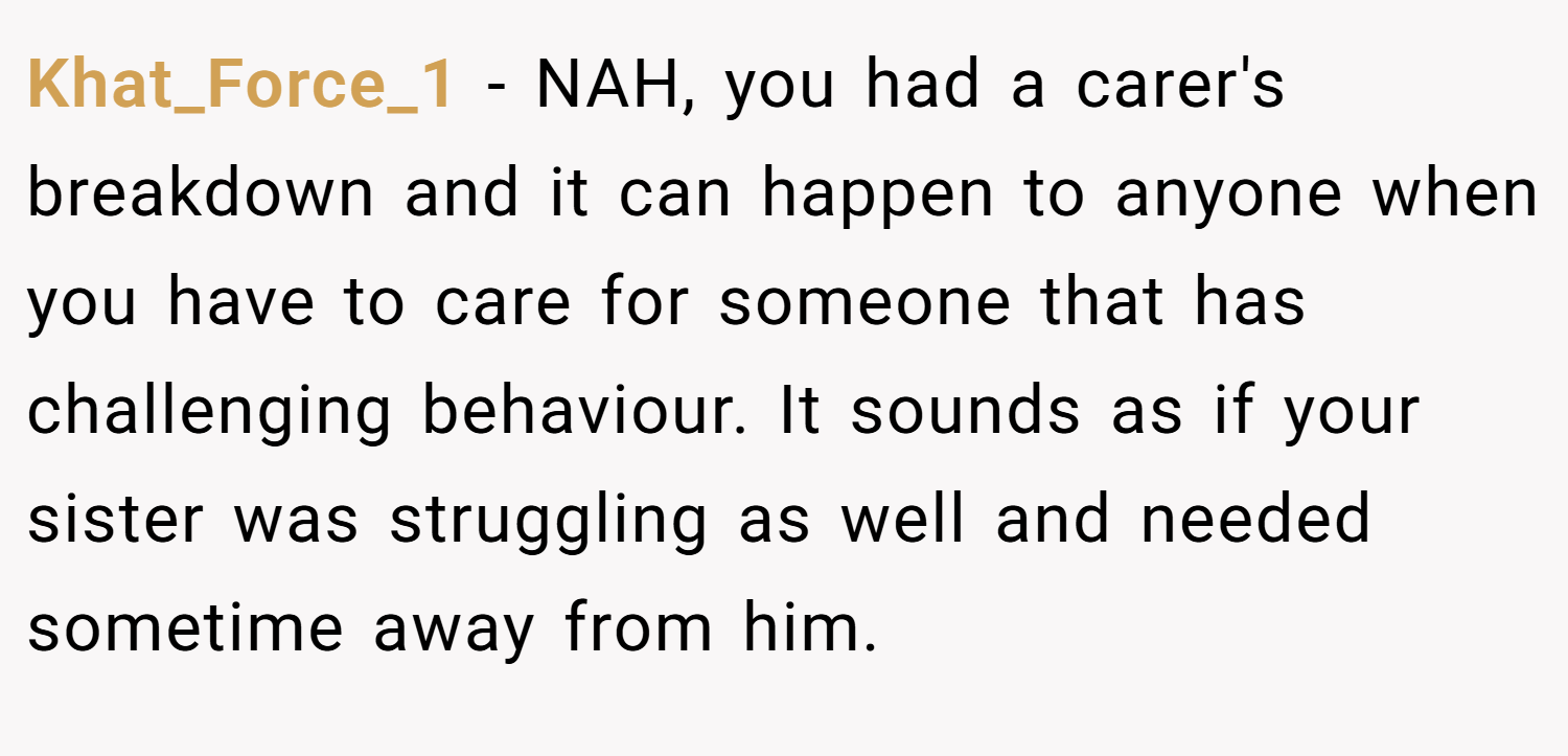 Khat_Force_1 − NAH, you had a carer's breakdown and it can happen to anyone when you have to care for someone that has challenging behaviour. It sounds as if your sister was struggling as well and needed sometime away from him.