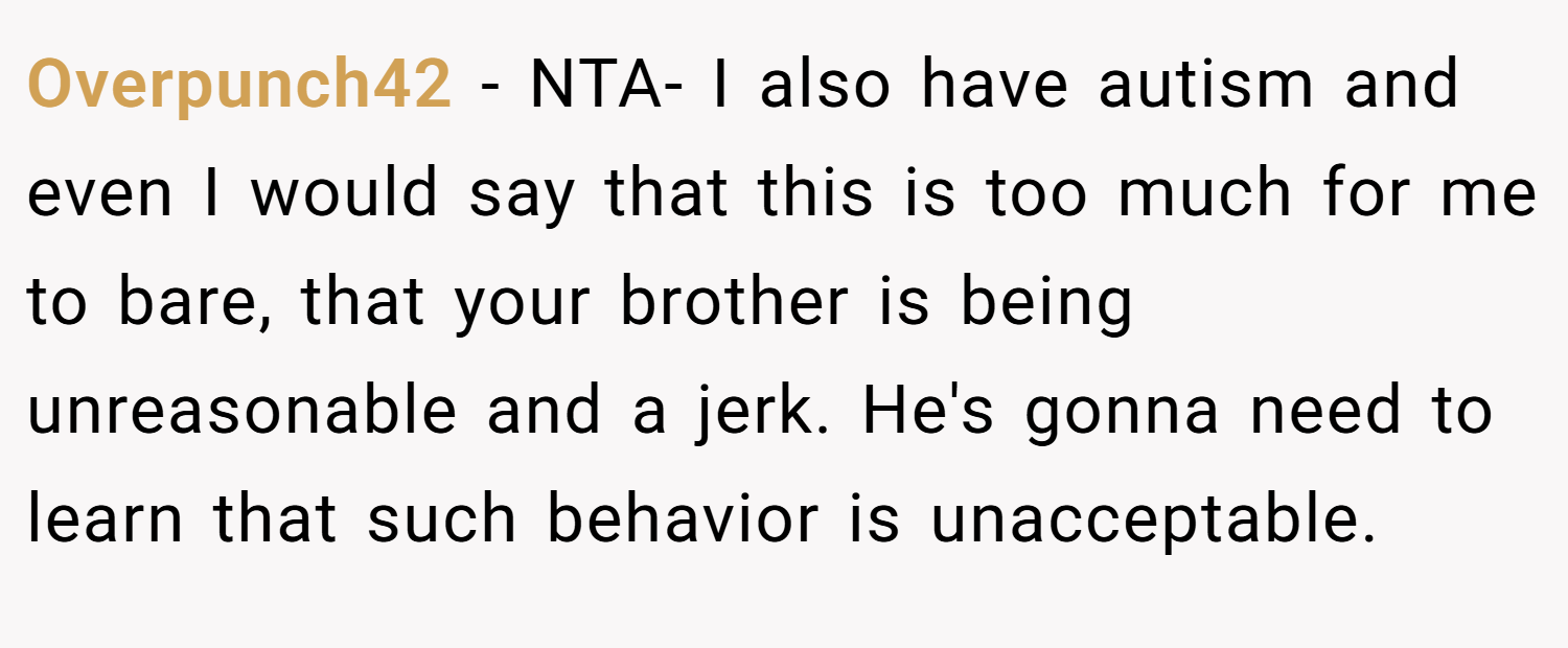 Overpunch42 − NTA- I also have autism and even I would say that this is too much for me to bare, that your brother is being unreasonable and a jerk. He's gonna need to learn that such behavior is unacceptable.