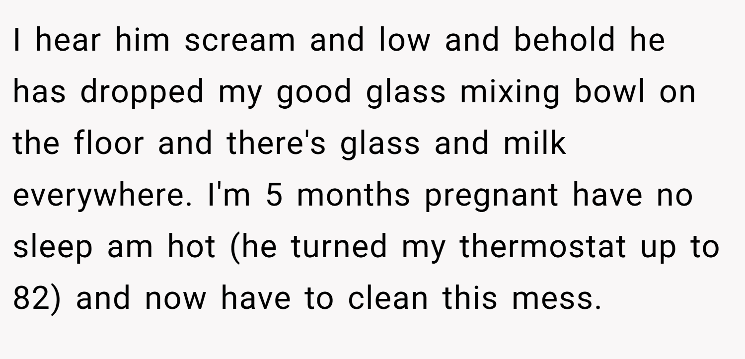 I hear him scream and low and behold he has dropped my good glass mixing bowl on the floor and there's glass and milk everywhere. I'm 5 months pregnant have no sleep am hot (he turned my thermostat up to 82) and now have to clean this mess.