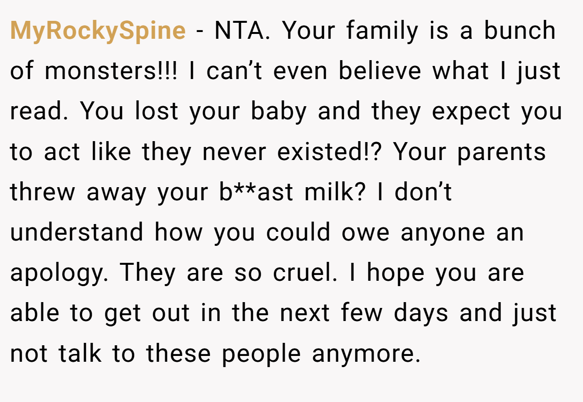 MyRockySpine − NTA. Your family is a bunch of monsters!!! I can’t even believe what I just read. You lost your baby and they expect you to act like they never existed!? Your parents threw away your b**ast milk? I don’t understand how you could owe anyone an apology. They are so cruel. I hope you are able to get out in the next few days and just not talk to these people anymore.