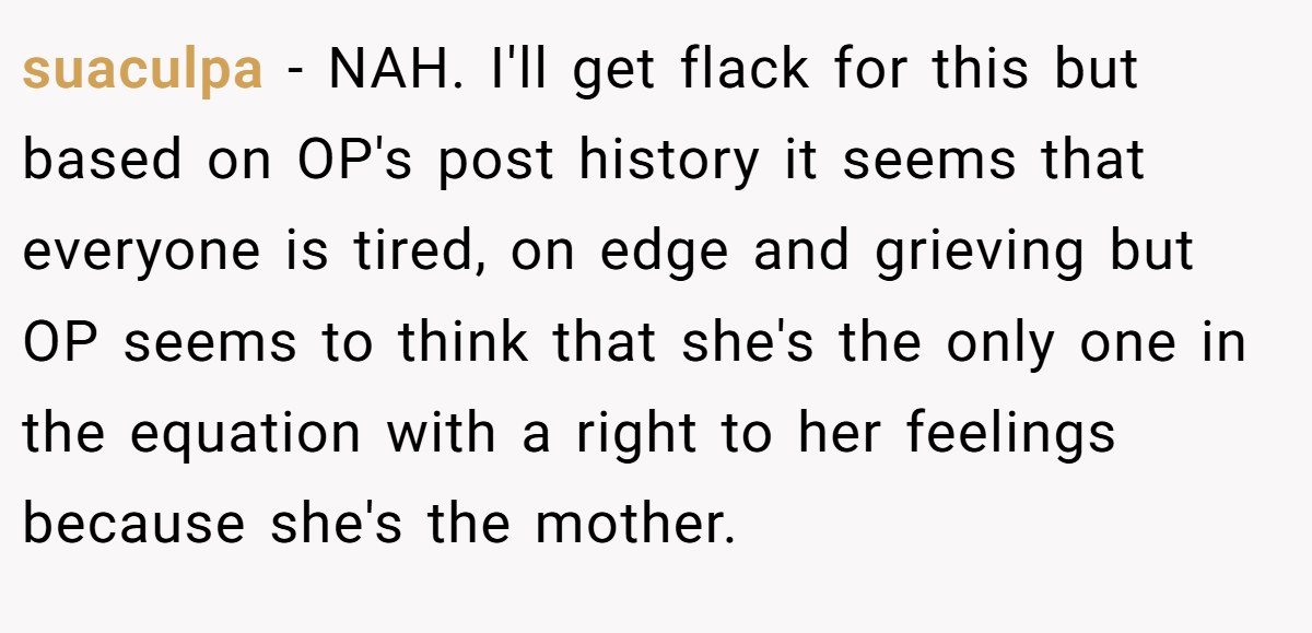 suaculpa − NAH. I'll get flack for this but based on OP's post history it seems that everyone is tired, on edge and grieving but OP seems to think that she's the only one in the equation with a right to her feelings because she's the mother.