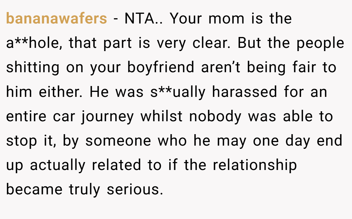 bananawafers − NTA.. Your mom is the a**hole, that part is very clear. But the people shitting on your boyfriend aren’t being fair to him either. He was s**ually harassed for an entire car journey whilst nobody was able to stop it, by someone who he may one day end up actually related to if the relationship became truly serious.