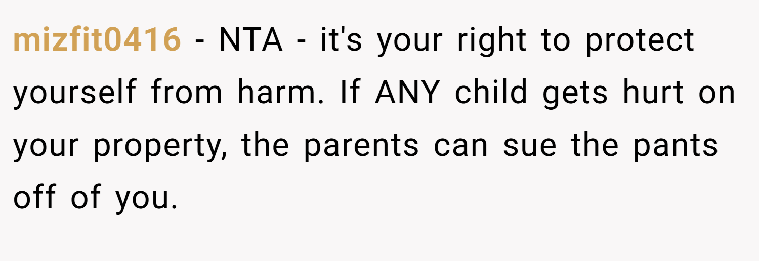 mizfit0416 − NTA - it's your right to protect yourself from harm. If ANY child gets hurt on your property, the parents can sue the pants off of you.