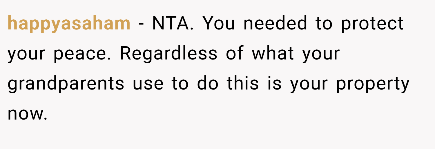 happyasaham − NTA. You needed to protect your peace. Regardless of what your grandparents use to do this is your property now.