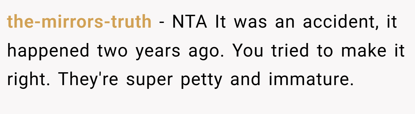 the-mirrors-truth - NTA It was an accident, it happened two years ago. You tried to make it right. They're super petty and immature.