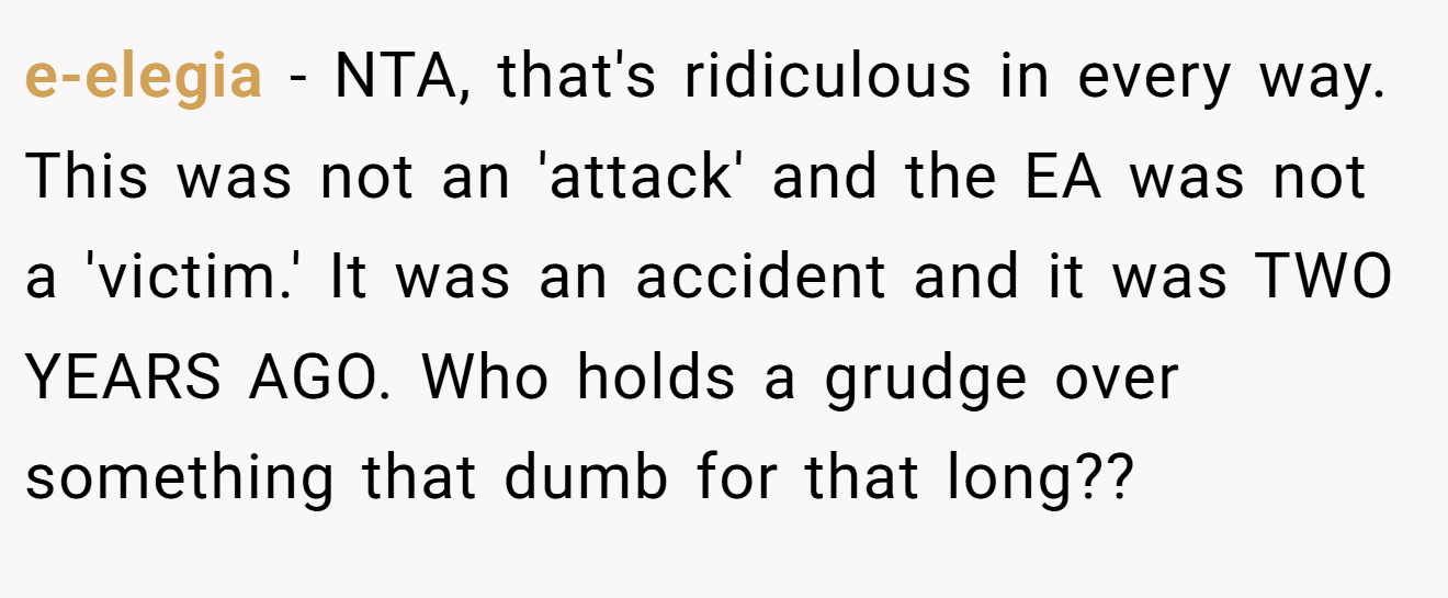 e-elegia - NTA, that's ridiculous in every way. This was not an 'attack' and the EA was not a 'victim.' It was an accident and it was TWO YEARS AGO. Who holds a grudge over something that dumb for that long??
