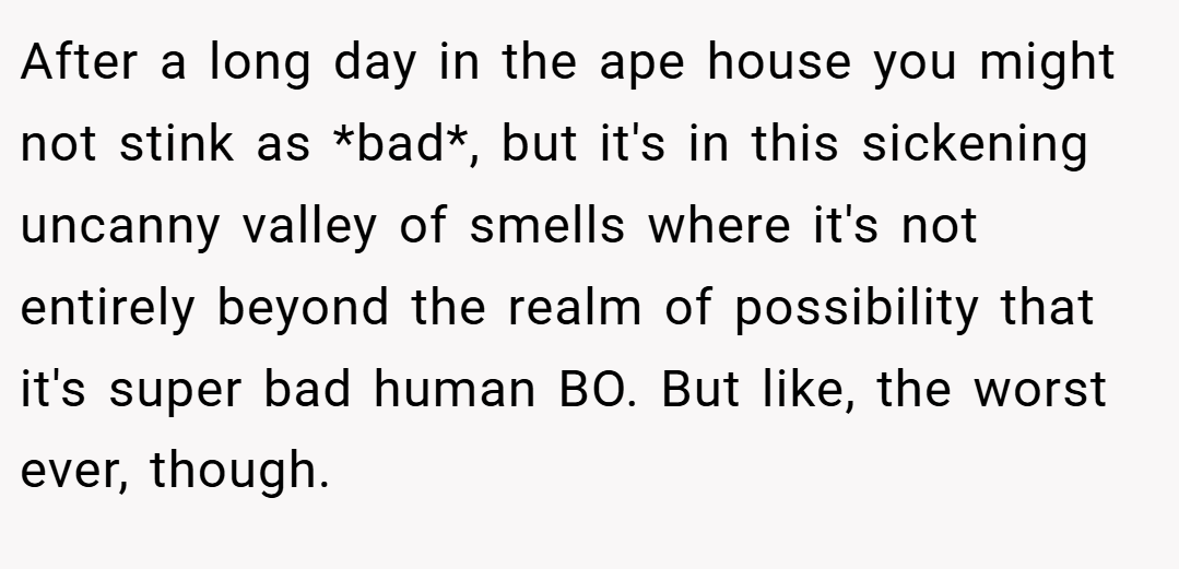After a long day in the ape house you might not stink as *bad*, but it's in this sickening uncanny valley of smells where it's not entirely beyond the realm of possibility that it's super bad human BO. But like, the worst ever, though.