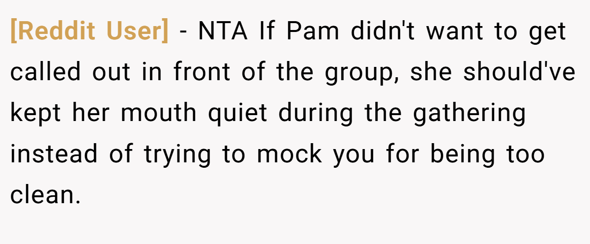 [Reddit User] − NTA If Pam didn't want to get called out in front of the group, she should've kept her mouth quiet during the gathering instead of trying to mock you for being too clean.