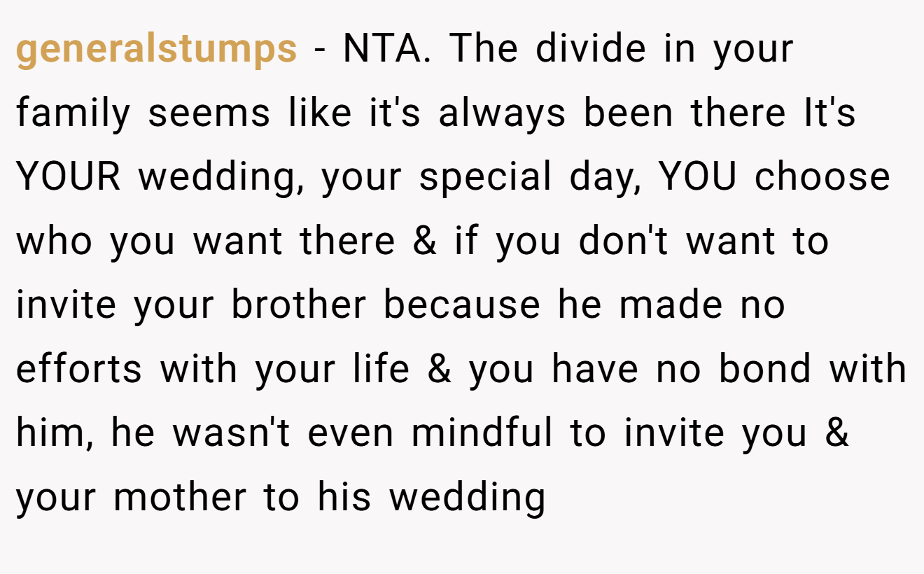 generalstumps - NTA. The divide in your family seems like it's always been there It's YOUR wedding, your special day, YOU choose who you want there & if you don't want to invite your brother because he made no efforts with your life & you have no bond with him, he wasn't even mindful to invite you & your mother to his wedding