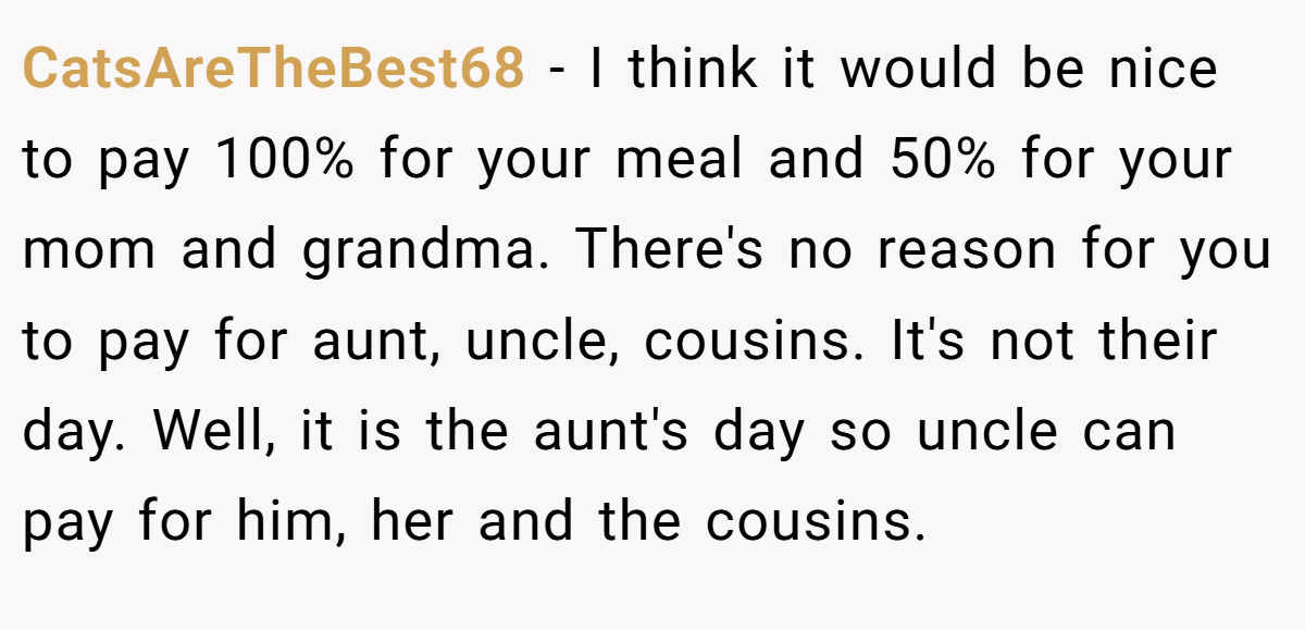CatsAreTheBest68 − I think it would be nice to pay 100% for your meal and 50% for your mom and grandma. There's no reason for you to pay for aunt, uncle, cousins. It's not their day. Well, it is the aunt's day so uncle can pay for him, her and the cousins.