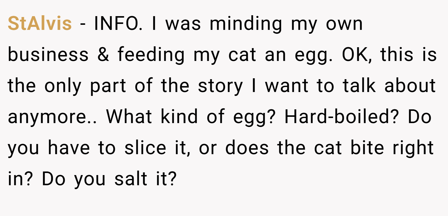 StAlvis − INFO. I was minding my own business & feeding my cat an egg. OK, this is the only part of the story I want to talk about anymore.. What kind of egg? Hard-boiled? Do you have to slice it, or does the cat bite right in? Do you salt it?
