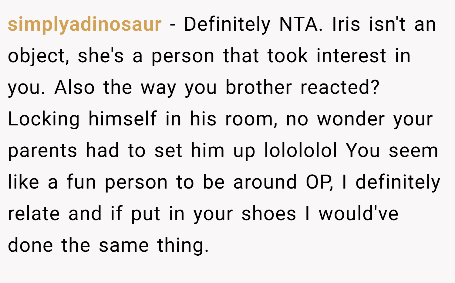 simplyadinosaur − Definitely NTA. Iris isn't an object, she's a person that took interest in you. Also the way you brother reacted? Locking himself in his room, no wonder your parents had to set him up lolololol You seem like a fun person to be around OP, I definitely relate and if put in your shoes I would've done the same thing.