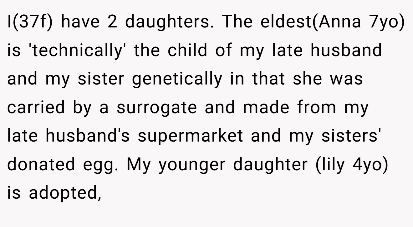 I(37f) have 2 daughters. The eldest(Anna 7yo) is 'technically' the child of my late husband and my sister genetically in that she was carried by a surrogate and made from my late husband's supermarket and my sisters' donated egg. My younger daughter (lily 4yo) is adopted,