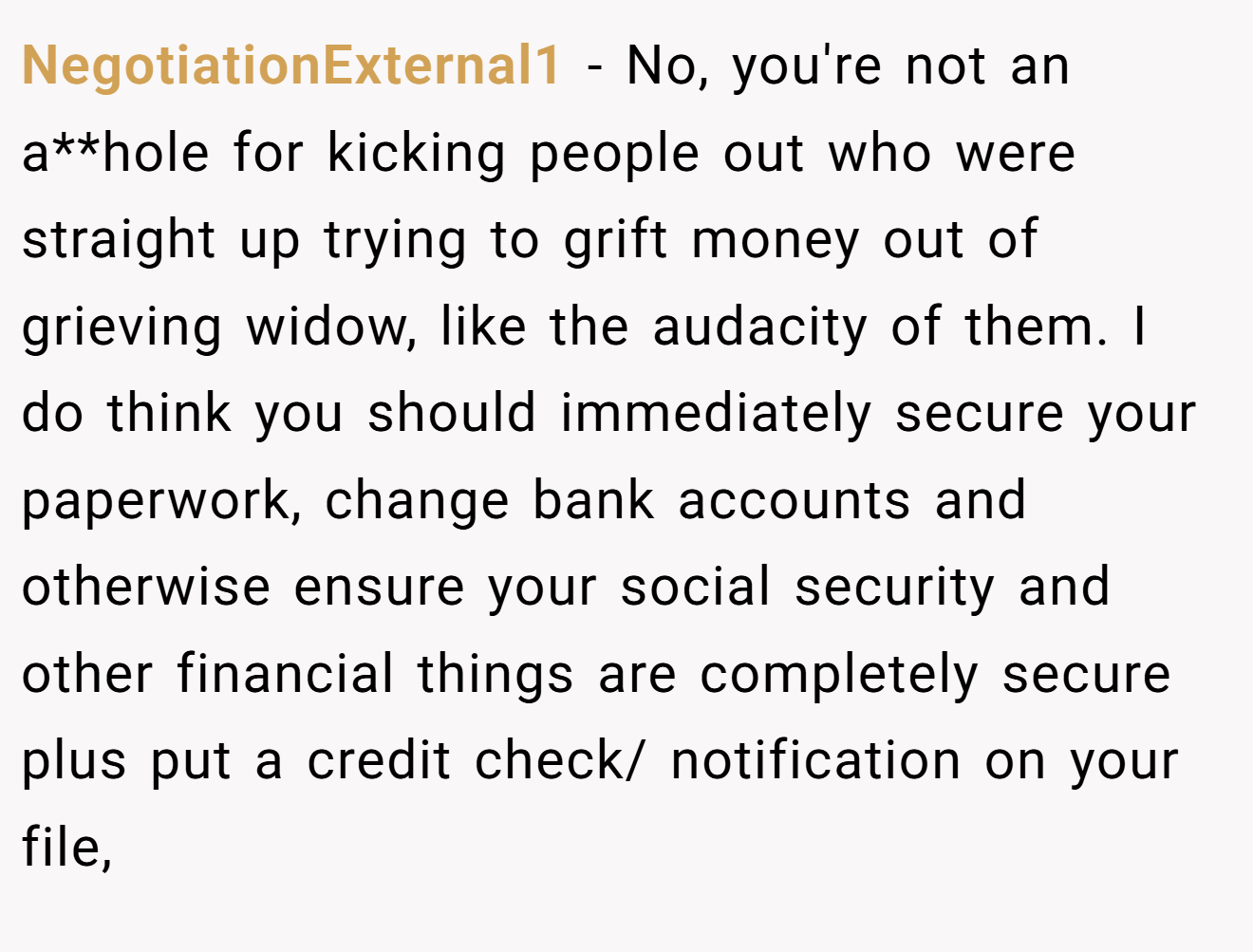 NegotiationExternal1 - No, you're not an a**hole for kicking people out who were straight up trying to grift money out of grieving widow, like the audacity of them. I do think you should immediately secure your paperwork, change bank accounts and otherwise ensure your social security and other financial things are completely secure plus put a credit check/ notification on your file,