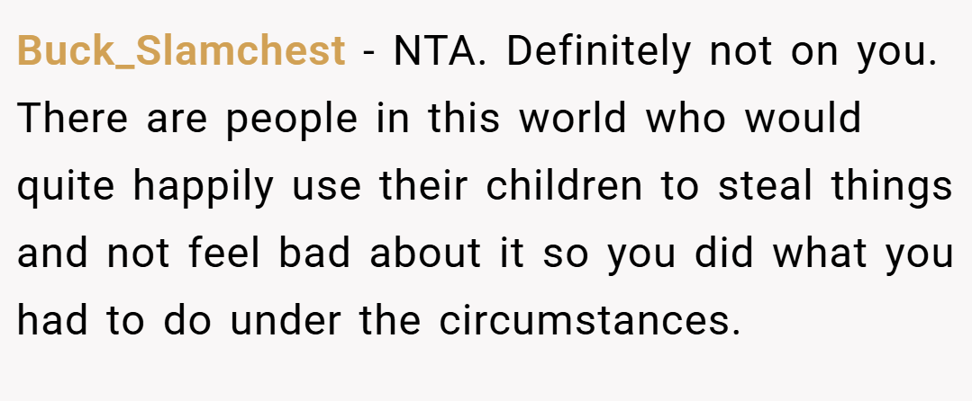 Buck_Slamchest − NTA. Definitely not on you. There are people in this world who would quite happily use their children to steal things and not feel bad about it so you did what you had to do under the circumstances.