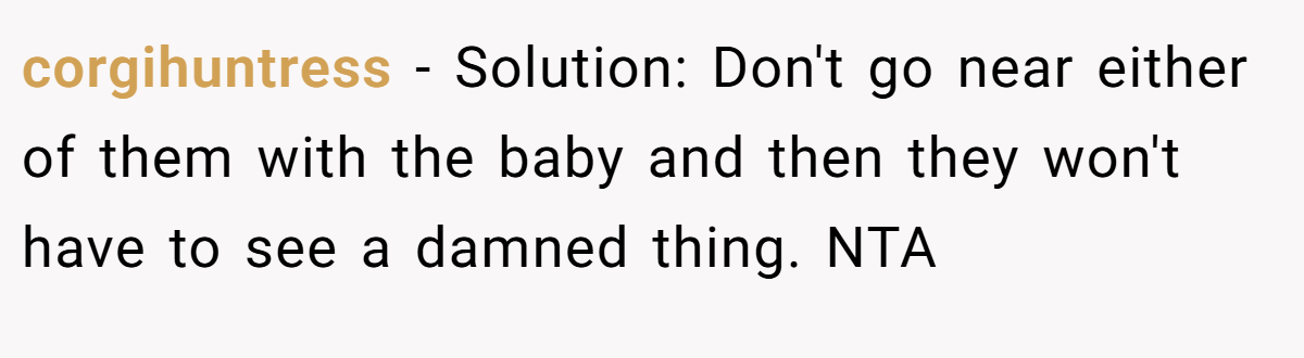 corgihuntress − Solution: Don't go near either of them with the baby and then they won't have to see a damned thing. NTA