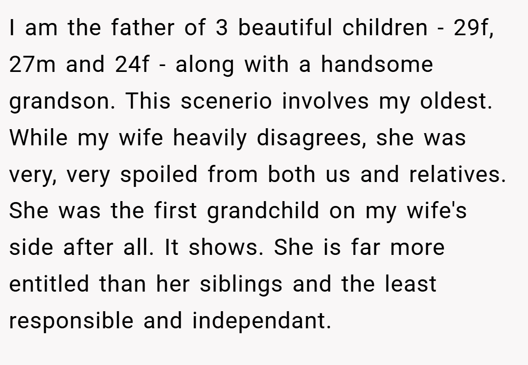 I am the father of 3 beautiful children - 29f, 27m and 24f - along with a handsome grandson. This scenerio involves my oldest. While my wife heavily disagrees, she was very, very spoiled from both us and relatives. She was the first grandchild on my wife's side after all. It shows. She is far more entitled than her siblings and the least responsible and independant.