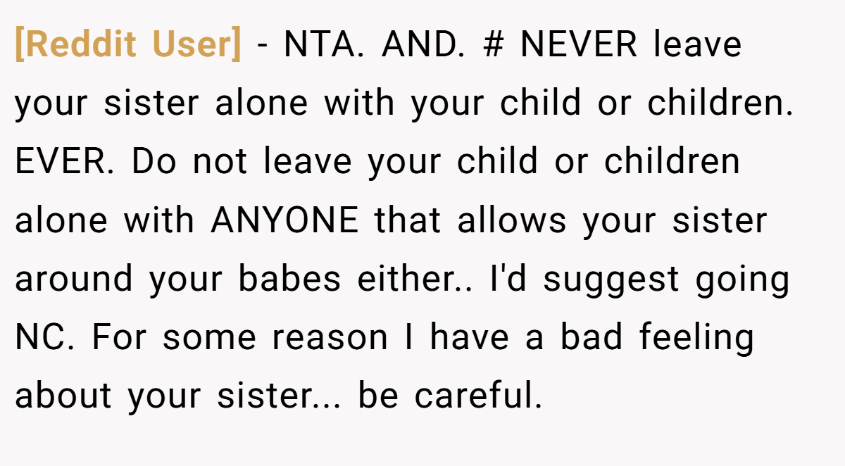 [Reddit User] − NTA. AND. # NEVER leave your sister alone with your child or children. EVER. Do not leave your child or children alone with ANYONE that allows your sister around your babes either.. I'd suggest going NC. For some reason I have a bad feeling about your sister... be careful.