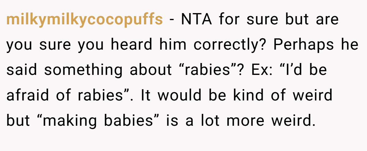 milkymilkycocopuffs − NTA for sure but are you sure you heard him correctly? Perhaps he said something about “rabies”? Ex: “I’d be afraid of rabies”. It would be kind of weird but “making babies” is a lot more weird.