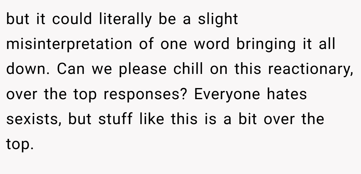 but it could literally be a slight misinterpretation of one word bringing it all down. Can we please chill on this reactionary, over the top responses? Everyone hates sexists, but stuff like this is a bit over the top.